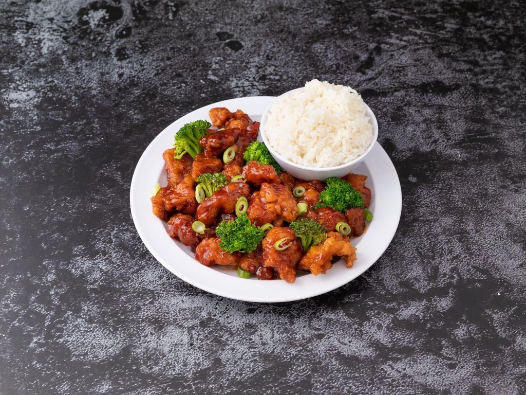 C11. General Tso's Chicken · Fried chunks of chicken sauteed in General Tso's sauce and broccoli. Served with white rice. Hot and spicy.