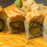 Sophia Roll · Shrimp Tempura with Avocado;  topped with Spicy Crab.