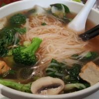Pho Chay Thap Cam with Vegetables Broth · Vegetarian combo vegetables with rice noodle soup.