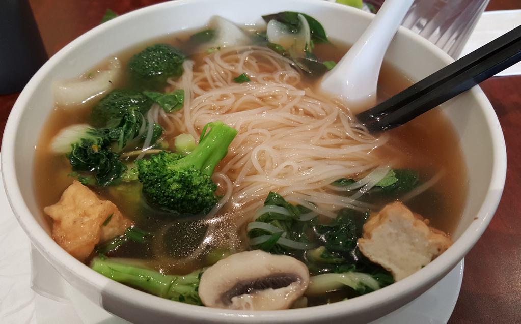 Pho Chay Thap Cam with Vegetables Broth · Vegetarian combo vegetables with rice noodle soup.