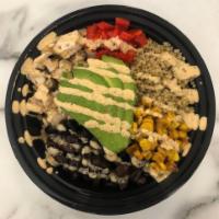 Chilled Quinoa Protein Bowl · 450 Calories, 31g Protein
House greens, grilled chicken, quinoa, black beans, roasted corn, ...