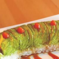 Caterpillar Roll · Crab, cucumber and fresh water eel on the inside. Topped with avocado.