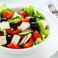 GREEK SALAD · LETTUCE, BLACK OLIVES, 
BULGARIAN CHEESE, RED ONIONS, 
TOMATOES AND CUCUMBERS 
DRESSED WITH ...