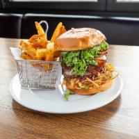 BBQ Bacon Burger · Our public house burger with a stack of bacon and a pool of BBQ sauce with lettuce, tomato, ...