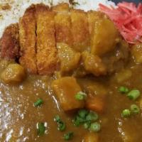Chicken Curry Rice · Curry, Chicke cutlet, steamed rice, and beni shoga. Served with mini udon soup.