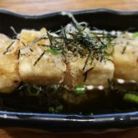 A8. Agedashi Tofu · Deep fried soft tofu, soy sauce base, katsuobushi and green onion. Vegetarian.