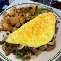 Tri-Tip Omelette Plate · Tri-tip, onion, tomato, bell pepper, mushroom, topped with mix cheese.