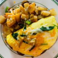 Veggie Cheese Omelette Plate · Bell pepper, mushrooms, onions, tomato, spinach and mixed cheese.