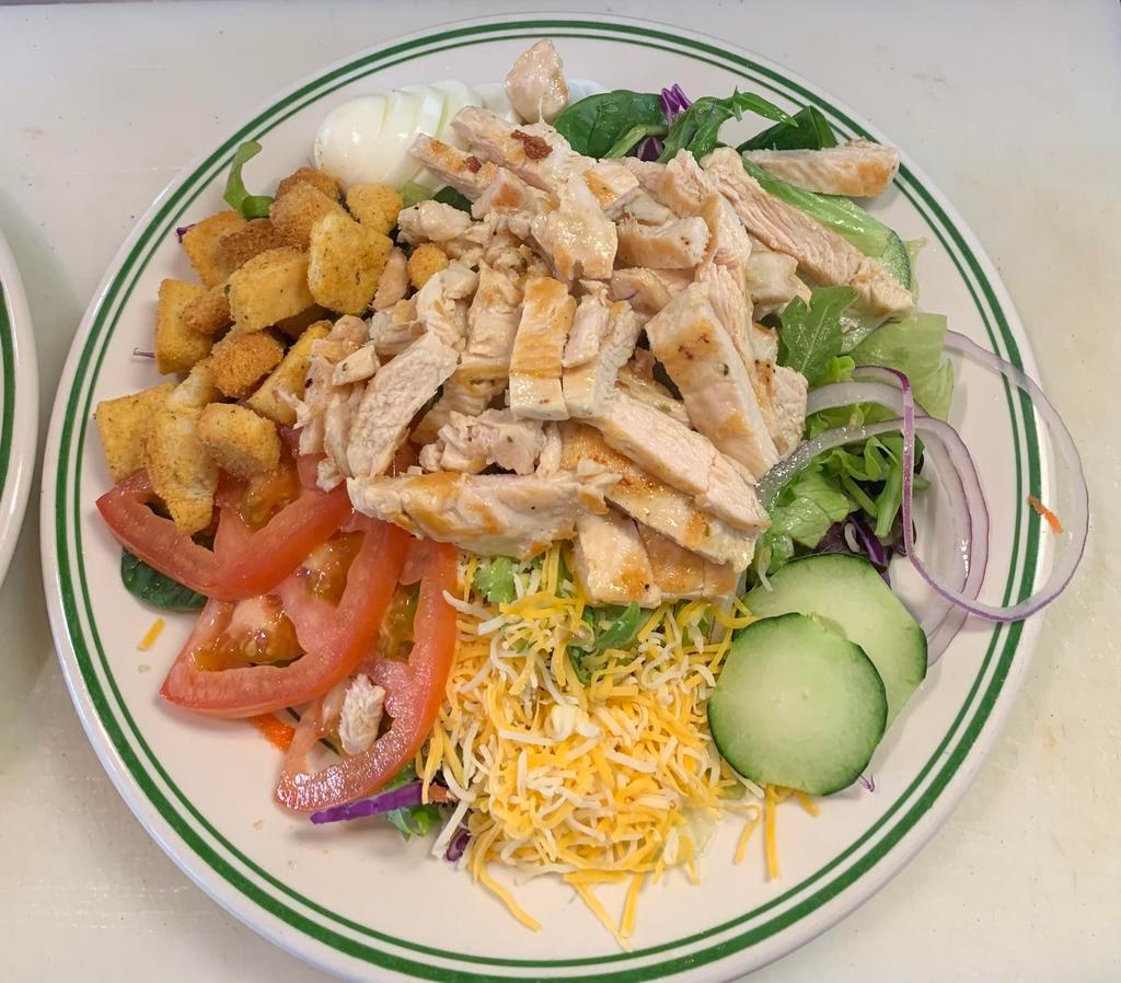 Grilled Chicken Breast Salad · Grilled chicken breast chopped over a fresh green salad, tomato, cucumber and your choice of dressing.