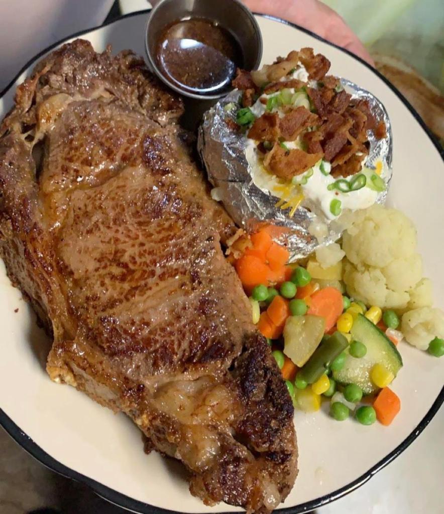 Prime Rib Steak (Friday's only) · Juicy, full of flavor, moist steak cooked at your preference ( medium rare, well done), served with mashed or baked potato and assorted vegetables.