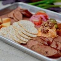Sausage & Cheese Plate · Smoked Gouda, rub dusted cheddar, pimento cheese and bacon jam, daily selection and traditio...