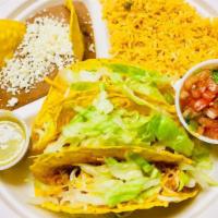 Crispy Chicken Tacos · Three crispy tacos, cheese, Lettuce, pico de gallo with rice and beans.