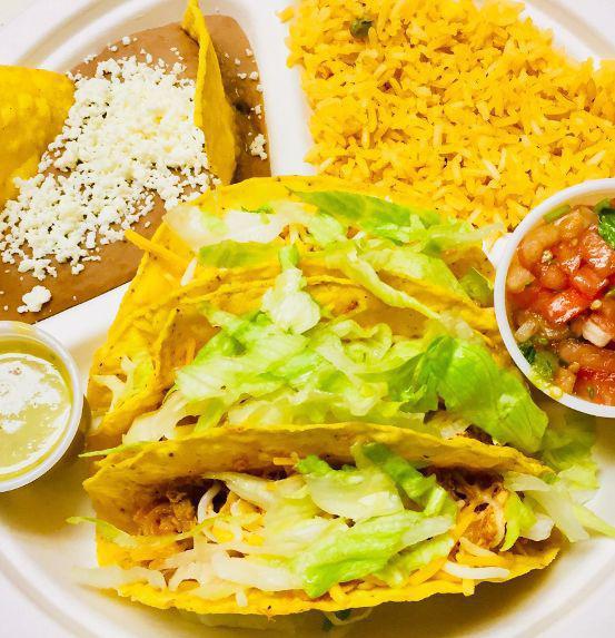 Crispy Chicken Tacos · Three crispy tacos, cheese, Lettuce, pico de gallo with rice and beans.