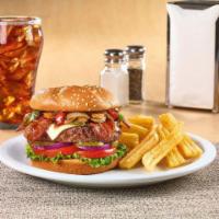 Bourbon Bacon Burger · Aged white cheddar cheese, bacon, sauteed mushrooms, fire-roasted bell peppers & onions, bou...