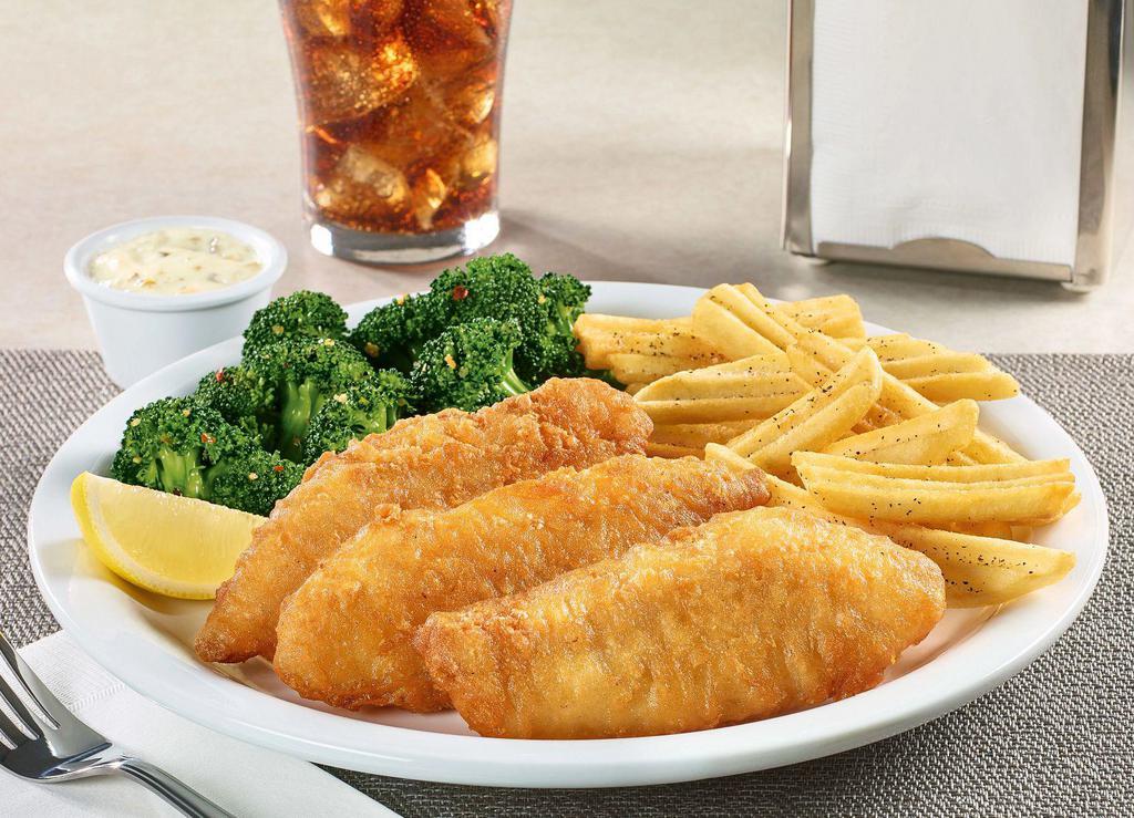 New! Fried Fish Platter · Wild-caught Alaska pollock fillets fried golden-brown, plus tartar sauce. Served with two sides and dinner bread.
