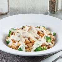 Chicken Addiction Bowl · A grilled seasoned chicken breast atop whole grain rice and broccoli with grilled mushrooms ...