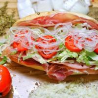 Panini Sub · Prosciutto, Genoa salami, mortadella provolone cheese, lettuce, tomato, onion, hot pepper, o...