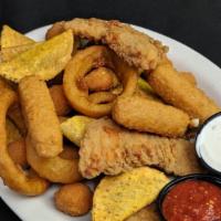 Combo Platter · Chicken tenders, mozzarella sticks, onion rings, mini tacos and cheese bites served with 2 t...
