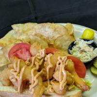 Shrimp Po-Boy · These shrimp are lightly seasoned and fried golden blown. Served on a hoagie roll with our f...