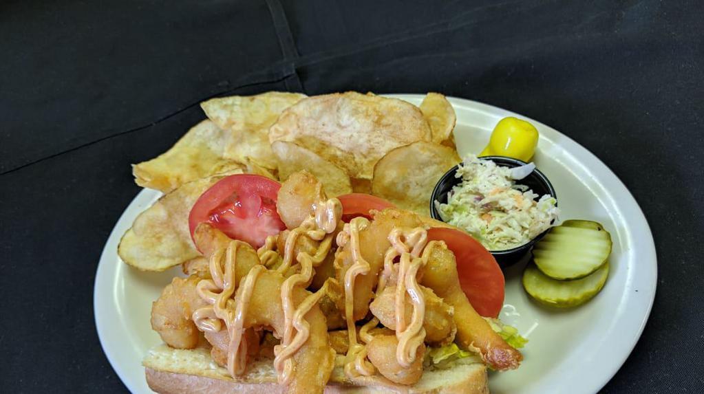 Shrimp Po-Boy · These shrimp are lightly seasoned and fried golden blown. Served on a hoagie roll with our famous chipotle mayo.