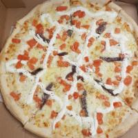 Bianca Napoletana Pizza · Fresh tomatoes and anchovies. Include olive oil, fresh garlic, mozzarella, parmesan and rico...