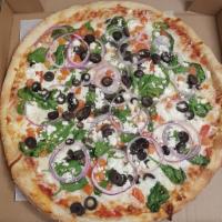 Greek Pizza · Spinach, fresh tomatoes, red onions, feta cheese, and black olives