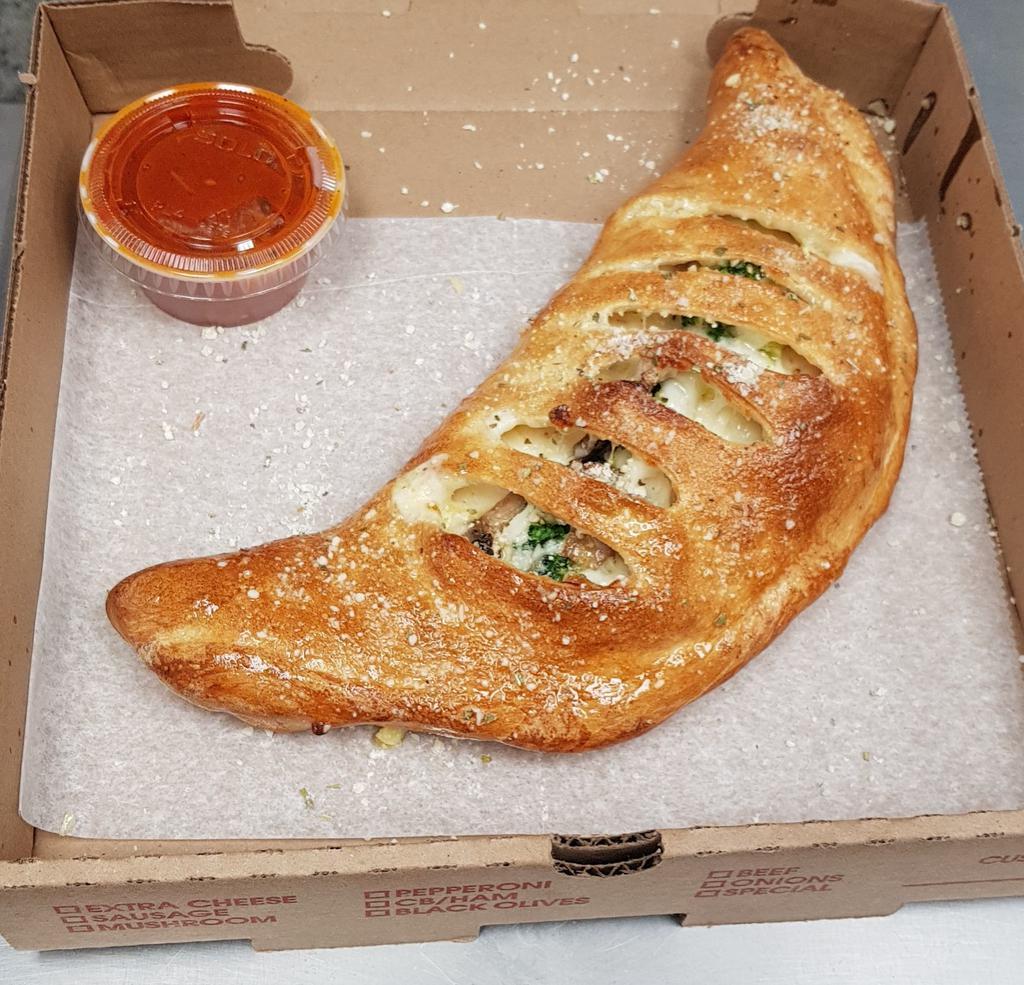 Calzone · Mozzarella cheese, ricotta cheese and any two toppings.