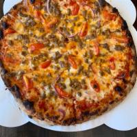 Cheeseburger Pizza · Hand-stretched Neapolitan crust (imported flour from Italy), Brooklyn red sauce, four blend ...