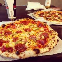 Cry Me A River · Hot Giardiniera and Jalepeno Pepperoni with 7 Pepper Blend sauce and four blend mozzarella o...