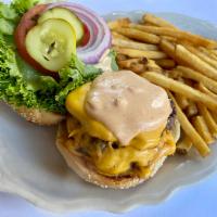 Double Cheese Burger · Two 4 oz. Pat Lafrieda Patties, American Cheese,
Secret Sauce, Lettuce, Tomato, Red Onion, ...