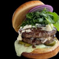 Double Lamb Burger · Two 4 oz. Lamb Burger Patties, Feta Cheese, Red Onion, Arugula, Garlic Aioli, Pickles