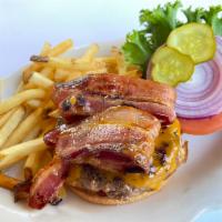 Hamilton Park · Aged Cheddar, Sugar Cured Bacon, Lettuce, Tomato, Red Onion on a Brioche Bun
