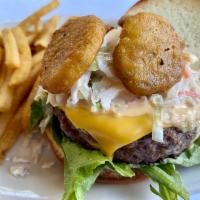 Fried Pickle Burger · American Cheese, Fried Pickles, Secret Sauce, House Slaw served on a Brioche Bun