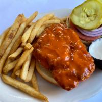 Buffalo Chicken Sandwich · Breaded Chicken, House Buffalo Sauce, Lettuce, Tomato, Blue Cheese Side