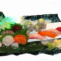 Sushi and Sashimi Combo · Chef's choice 5 pieces of sushi 9 pieces of sashimi and a California roll. Served with soup ...