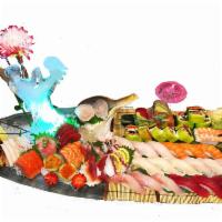 Sushi and Sashimi Deluxe Platter · Chef's choice 20 pieces of sushi and 40 pieces of sashimi with a 2 thumbs roll and rainbow r...