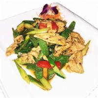 Thai-Style Sauteed Basil · Chicken or shrimp with assorted vegetables. Served with white rice or brown rice. Hot and sp...