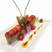 Strawberry Roll · Shrimp tempura, crabmeat inside, avocado and strawberry with mango outside.