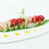 Out of Control Roll · Spicy salmon, mango, asparagus inside, pepper tuna and yellowtail outside. Hot and spicy.