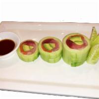 Rainbow Naruto Roll · No rice. Tuna, salmon, yellowtail and avocado rolled with sliced cucumbers with ponzu sauce.