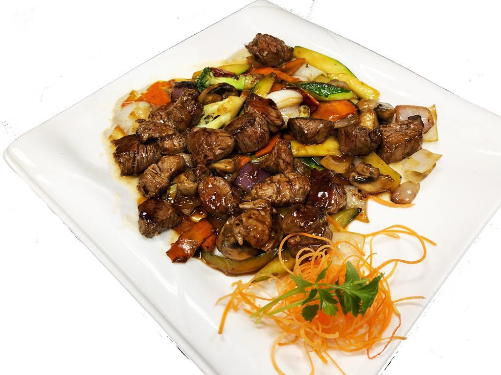 Filet Mignon Hibachi · Includes miso soup, green salad with all-natural ginger dressing and noodles or fried rice. Served with miso soup, salad and rice.