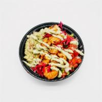 Shrimp Bowl · Marinated grilled shrimp, Spanish rice, pinto beans, lettuce, house salsa, guacamole, red ca...
