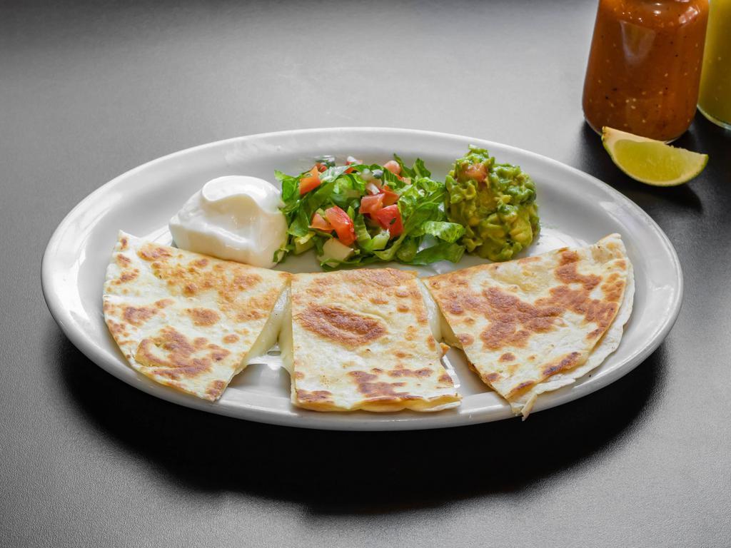 Chicken Quesadilla · 10 inches flour tortilla filled mozzarella cheese and white meat served with sour cream and guacamole.