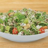 Hippie Salad · Organic mixed greens, lettuce blend, herbed goat cheese, alfalfa sprouts, roasted grape toma...