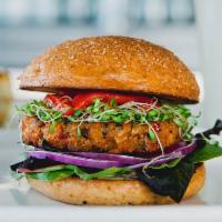 Sprouted Veggie Burger · Vegan veggie, organic mixed greens, red onions, roasted red peppers, alfalfa sprouts and Dij...