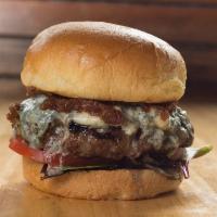 Beef and Blue Burger · All natural beef, danish blue cheese, organic mixed greens, tomatoes, bacon onion jam, garli...
