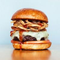 Bacon BBQ Burger · All-natural beef, Tillamook cheddar, Applewood smoked bacon, tomatoes, fried onion strings, ...