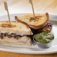 The Meltdown · Grilled chicken breast, provolone, sauteed mushrooms, grilled red onions, basil pesto or hou...