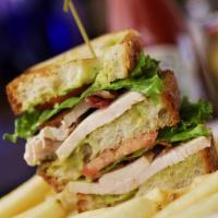 California Turkey Club Sandwich · House roasted turkey, bacon, avocado aioli, ciabatta bread, leaf lettuce and sliced tomato. ...