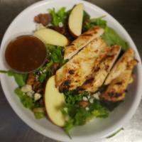 Mustang Sally Salad · Grilled chicken breast sliced and served over fresh mixed greens, crumbled blue cheese, crai...